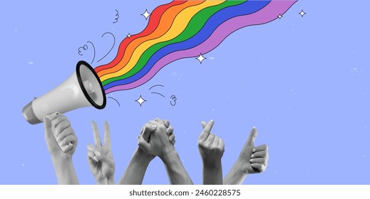 Megáfono con el arco iris apareciendo y las manos humanas levantadas mostrando Asistencia a la comunidad LGBT contra el fondo púrpura. Collage de arte contemporáneo. LGBT, igualdad, mes del orgullo, Asistencia, amor, derechos humanos