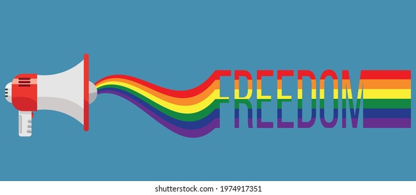 Megaphone. A rainbow coming from a megaphone. Symbol of a scream for LGBT rights.