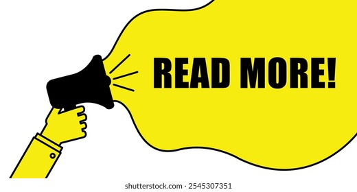 Megaphone with 'Read More!' text in yellow speech bubble on white background.