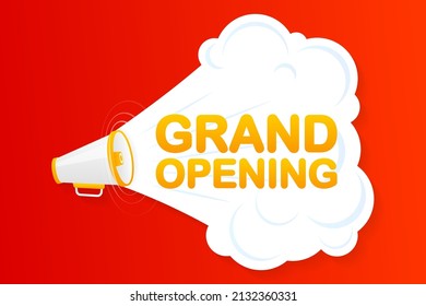 Megaphone red banner with grand opening sign. Vector illustration