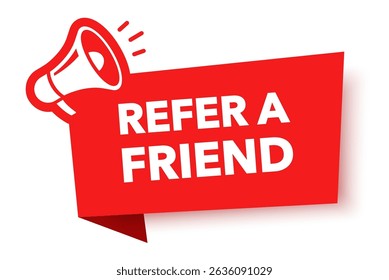 Megaphone com referir um amigo balão de fala. Alto-falante. Banner para negócios, marketing e publicidade. Ilustração vetorial.	