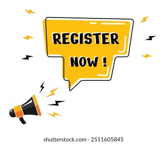 	
megaphone with Register Now speech bubble, business design, marketing, announcement, discount, cashback. creative banner. editable vector eps 10.