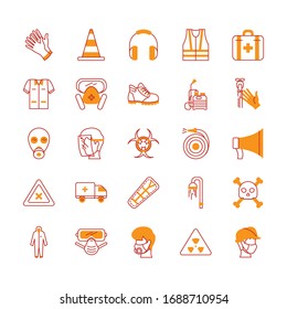 megaphone and safety elements icon set over white background, half line half color style , vector illustration