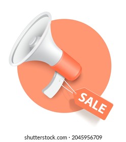 A megaphone with a sale sign hanging and all object over a pastel orange circle for promotion sale design,vector 3d isolated on white bacground for advertising design