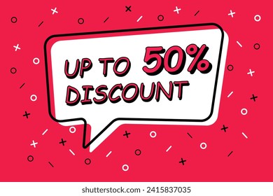 Megaphone with sale tag up to 50 percent off speech bubble. Loudspeaker. Banner for business, marketing and advertising. Vector illustration