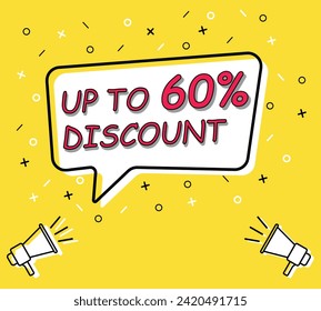 Megaphone with sale tag up to 60 percent off speech bubble. Loudspeaker. Banner for business, marketing and advertising. Vector illustration