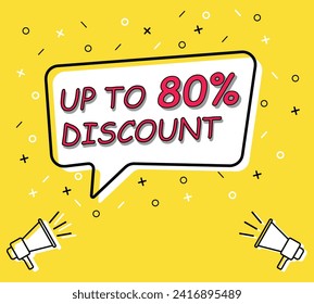 Megaphone with sale tag up to 80 percent off speech bubble. Loudspeaker. Banner for business, marketing and advertising. Vector illustration