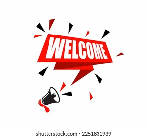 Megaphone and save the welcome bubble. Banner design for business marketing and advertising.
