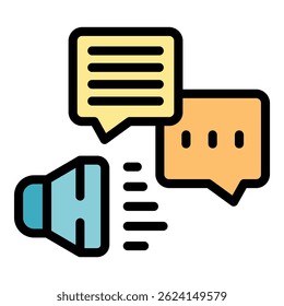 Megaphone is sending sound waves to speech bubbles, communicating a message