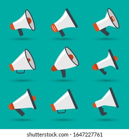 Megaphonset. Ankündigungsartikel mit dem Lautsprecher-Funkkommunikationskonzept Symbol Silhouetten Vektorillustration
