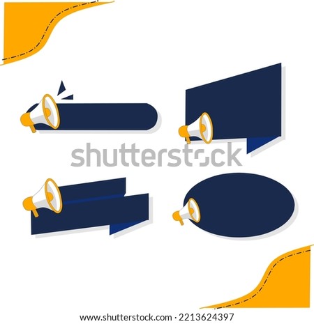 Megaphone set and badge for information, vector announcement for opening event and opening celebration advertising flyer.  
