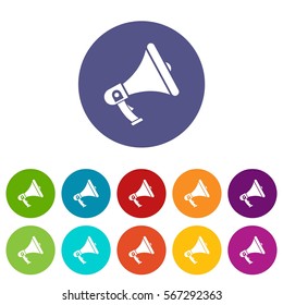 Megaphone set icons in different colors isolated on white background
