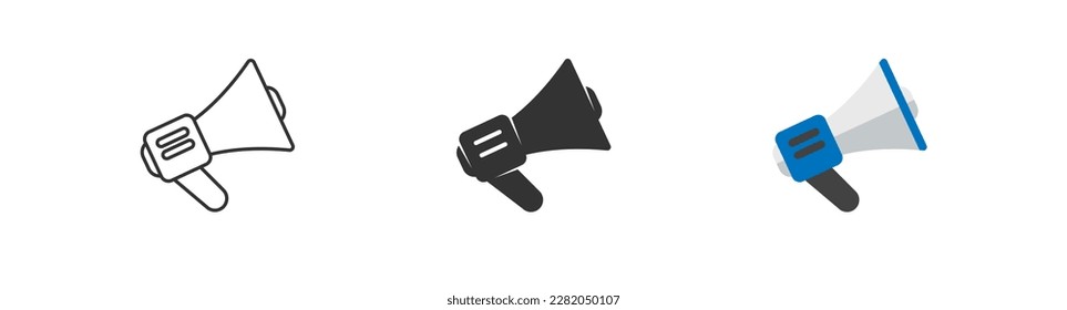 Megaphone set line, glyph and flat style icons. Loudspeaker sing symbol for marketing advertising. Vector isolated illustration 