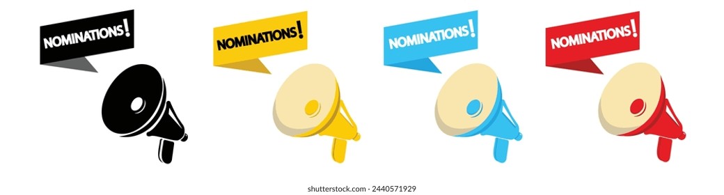 Megaphone set with Nominations speech bubble banner. Loudspeaker. Label for business, marketing and advertising. 