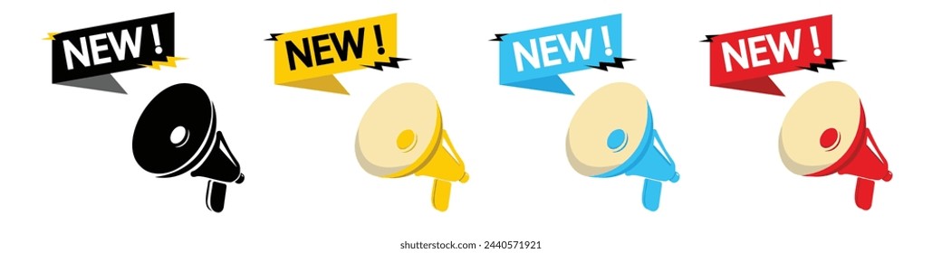 Megaphone set with Whats new speech bubble banner. Loudspeaker. Label for business, marketing and advertising. Vector illustration