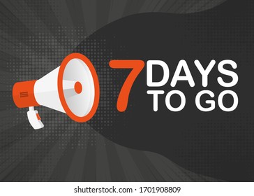 Megaphone seven days to go countdown template with red objects on gray pop background. Vector illustration.