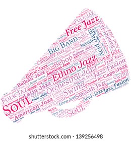 Megaphone Shaped Jazz Music Concept Vector Word Cloud on white background