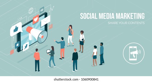 Megaphone sharing advertisement messages on social media on a smartphone, attracting users and new customers: marketing strategies concept