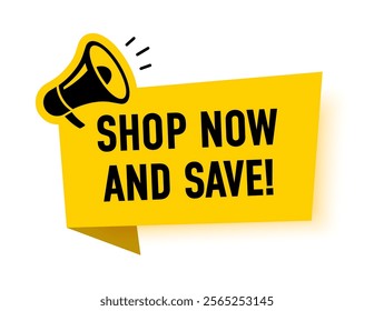 Megaphone with shop now and save speech bubble. Loudspeaker. Banner for business, marketing and advertising. Vector illustration.