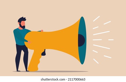 Megaphone with shout man and employee character promotion job. People voice loud news and person vector illustration concept. Public scream and speech message. Business broadcast and announcement