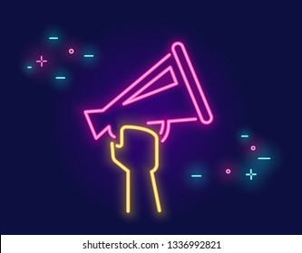 Megaphone shouting out with speech bubbles banner for social networks in neon light style on dark background. Bright vector neon illustration of megaphone announcing for website banner or landing page
