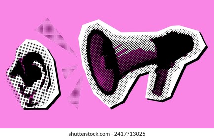 Un megáfono grita broche de arte pop en mi oído. Banner de moda en medio tono. El concepto de chisme. La boca grita en el oído. El estilo moderno del jardín. Ilustración vectorial retro. Rosa, negro