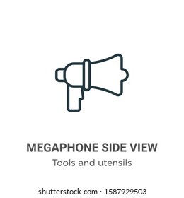 Megaphone side view outline vector icon. Thin line black megaphone side view icon, flat vector simple element illustration from editable tools and utensils concept isolated on white background