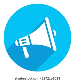 Megaphonzeichen. flaches Symbol. lange Schattengestaltung. blauer Hintergrund.