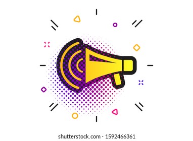 Megaphone sign icon. Halftone dots pattern. Loudspeaker strike symbol. Classic flat megaphone icon. Vector