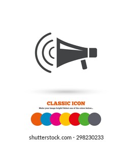 Megaphone sign icon. Loudspeaker strike symbol. Classic flat icon. Colored circles. Vector