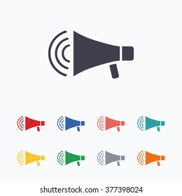 Megaphone sign icon. Loudspeaker strike symbol. Colored flat icons on white background.