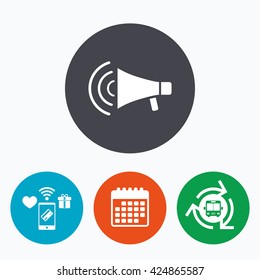 Megaphone sign icon. Loudspeaker strike symbol. Mobile payments, calendar and wifi icons. Bus shuttle.