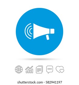 Megaphone sign icon. Loudspeaker strike symbol. Copy files, chat speech bubble and chart web icons. Vector