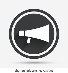 Megaphone sign icon. Loudspeaker symbol. Circle flat button with shadow and border. Vector