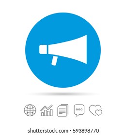 Megaphone sign icon. Loudspeaker symbol. Copy files, chat speech bubble and chart web icons. Vector