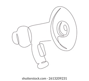 Megaphone single continuous line. Drawing loudspeaker silhouette in one line. Announcement, promotion, advertising campaign symbol. Alert icon. Minimalistic editable doodle illustration.