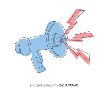 Megaphone single continuous line. Drawing loudspeaker silhouette one line. Announcement, promotion, advertising campaign symbol. Alert icon. Minimalistic editable marketing color doodle illustration.