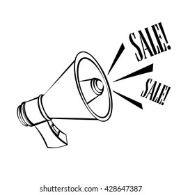megaphone sketch image on white with sale announcement, loudspeaker icon