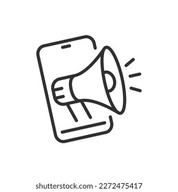 Megaphone in a smartphone, linear icon. Line with editable stroke