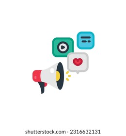 Megaphone with social media, digital marketing flat icons. Vector illustration. Isolated icon suitable for web, infographics, interface and apps.