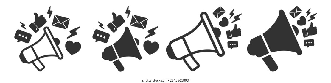 Megaphone with social media elements like message, like, heart, chat, and email icon on transparent background