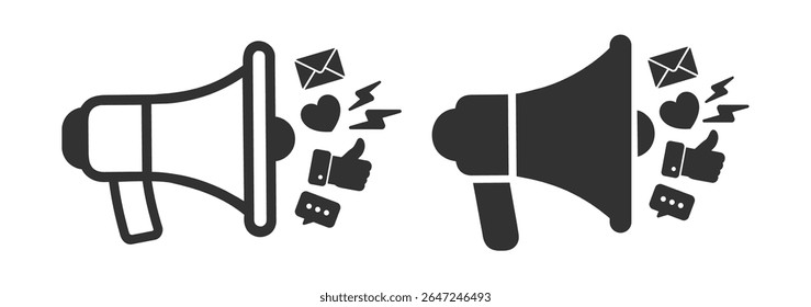 Megaphone with social media elements like message, like, heart, chat, and email icon on transparent background