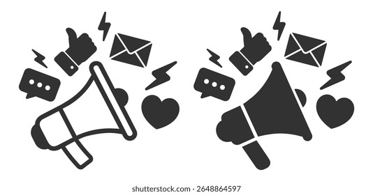 Megaphone with social media elements like message, like, heart, chat, and email icon on transparent background