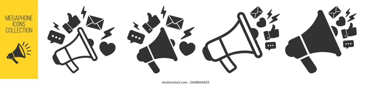 Megaphone with social media elements like message, like, heart, chat, and email icon on transparent background