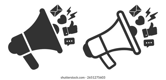 Megaphone with social media elements like message, like, heart, chat, and email icon on transparent background