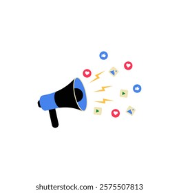 Megaphone With Social Media Engagement Icons In Flat Vector Illustration Symbolizing Marketing, Communication, And Promotion, Isolated On White Background.