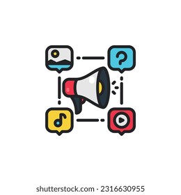 Megaphone and social media symbol. Creative marketing filled outline icons. Vector illustration. Isolated icon suitable for web, infographics, interface and apps.