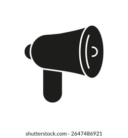 Megaphone Solid Icon. Public Announcement, Communication, And Promotion Silhouette Symbol. Marketing And Broadcasting Tool Representation. Isolated Vector Illustration.