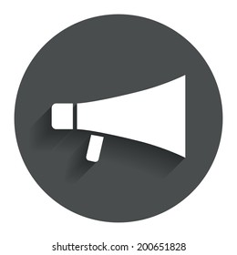 Megaphone soon icon. Loudspeaker symbol. Circle flat button with shadow. Modern UI website navigation. Vector