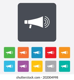 Megaphone soon icon. Loudspeaker symbol. Rounded squares 11 buttons. Vector